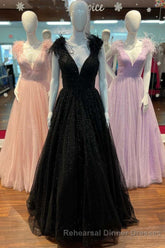Glitter Feathers V-Neck Empire Waist A-Line Semi Formal Prom Gown,Evening Party Dress